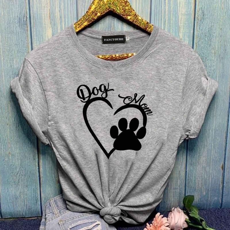 Dam Ny Mode Hundmamma Hjärta Mönster Tryckt T-shirt Söt Hund Tassavtryck Kortärmad Skjorta Hundälskare T-shirt Toppar