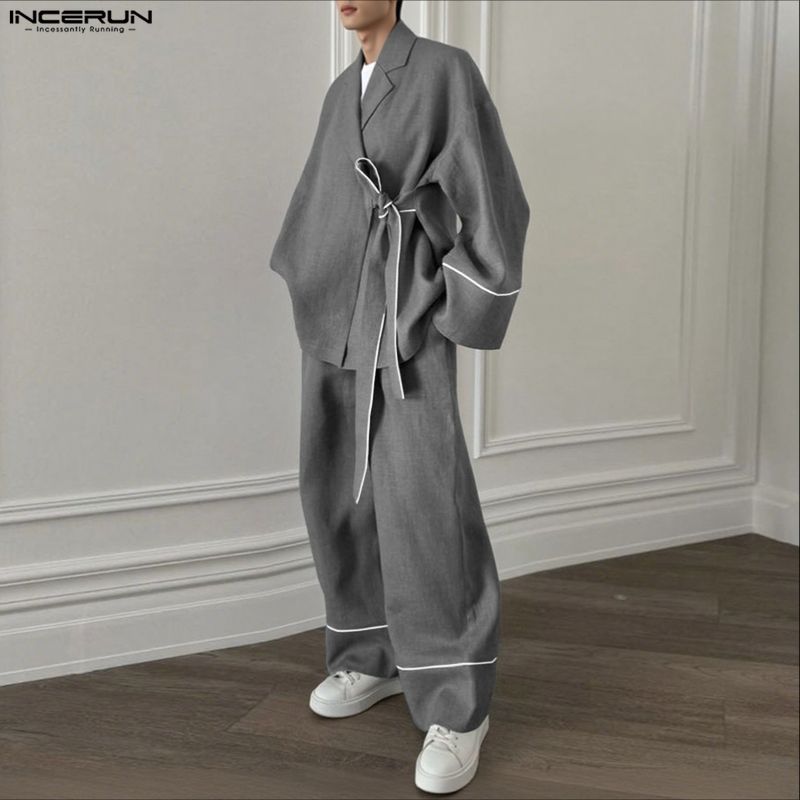 INCERUN Two Pieces Outfits Men Long Sleeve Kimono Shirt and Long Straight Pants Sets