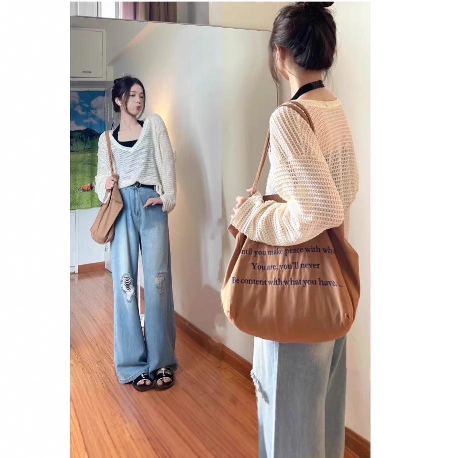 

Women s Summer Loose-Fit V-Neck Knitted Sweater with Hollow Design and Long Sleeves Medium брудно-білий