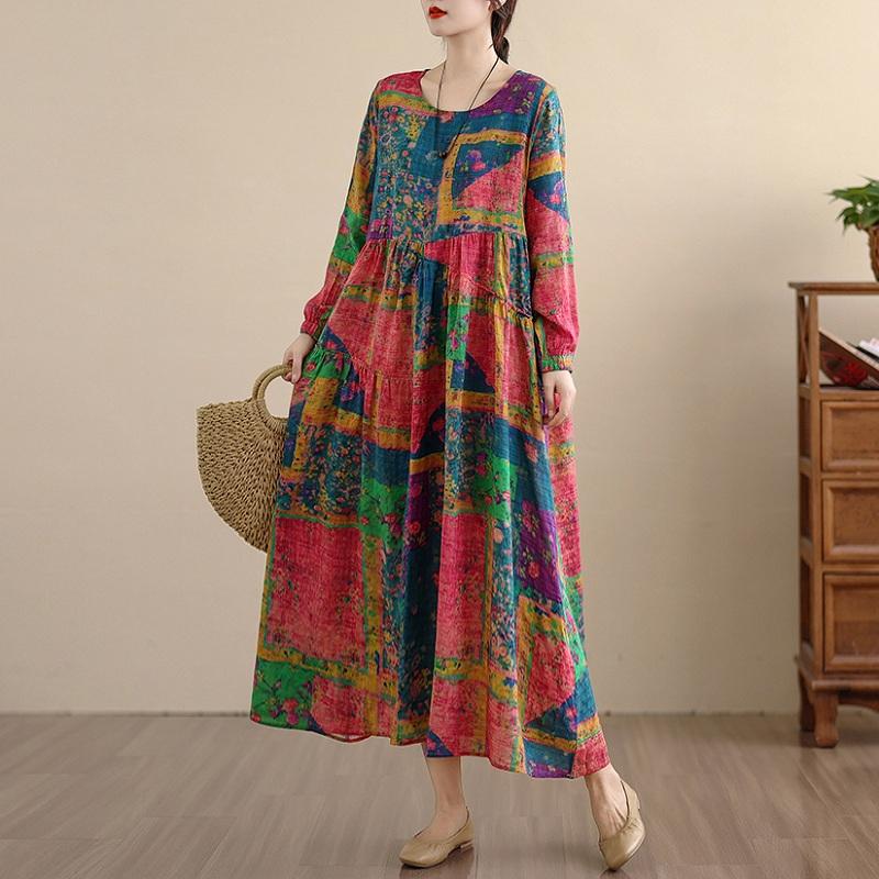 Long sleeve plus size vintage floral new in dresses for women casual loose spring autumn dress