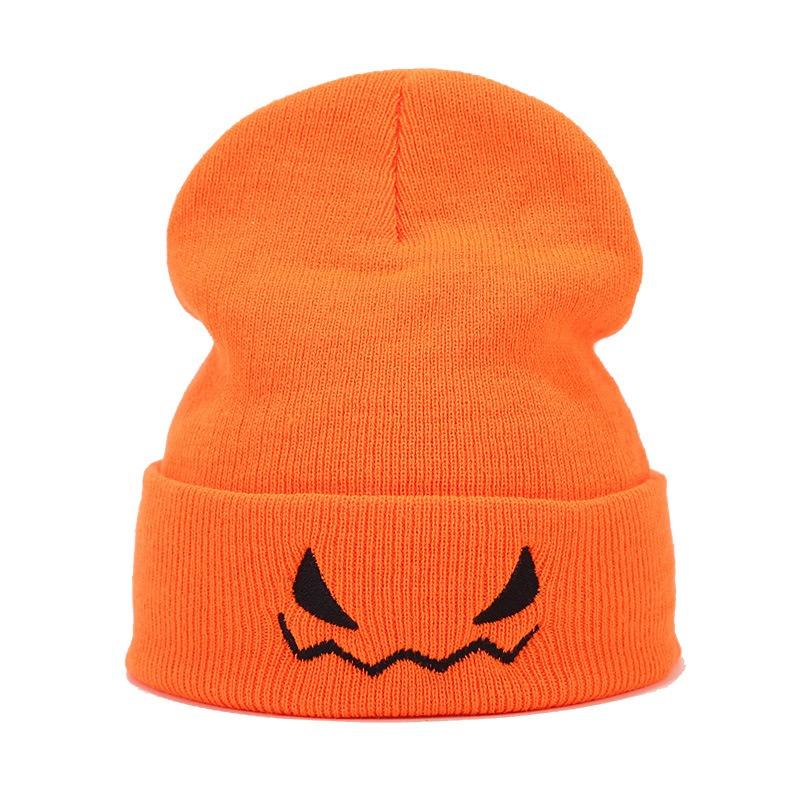 New Halloween Pumpkin Imp Embroidered Orange Knitted Hat Men's and Women's Funny Wool Pullover Hat Tide