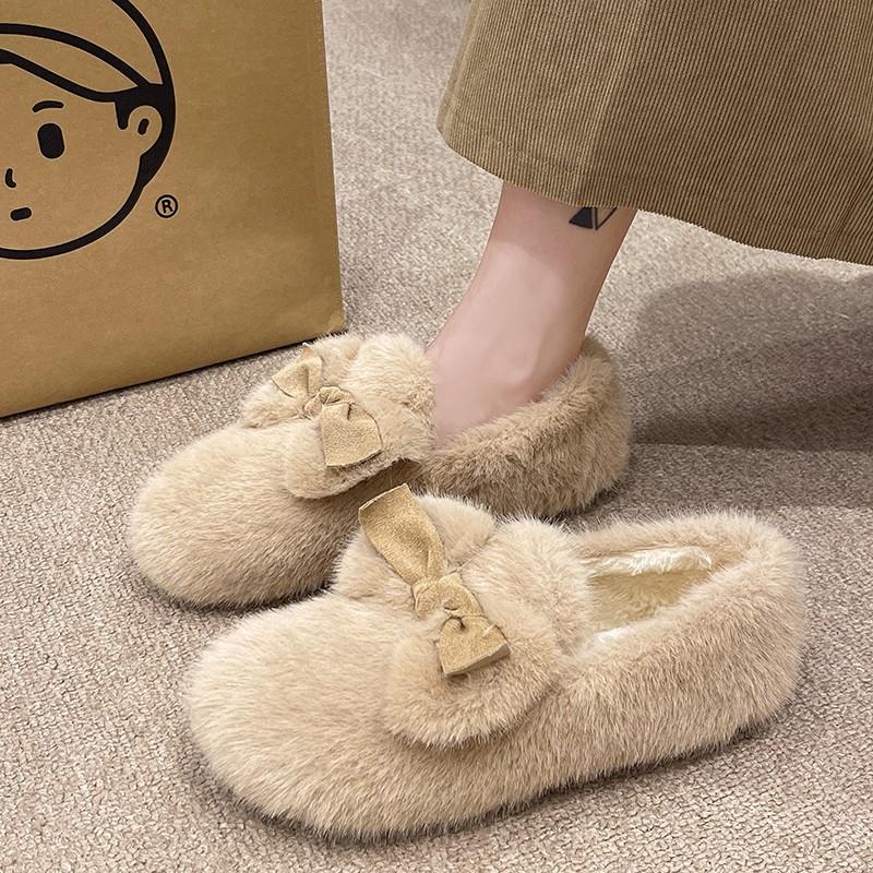 Fashion Flat-bottomed One-pedal Velvet Doudou Cotton Shoes for Women To Wear New Autumn and Winter Bow Warm Fluffy Shoes