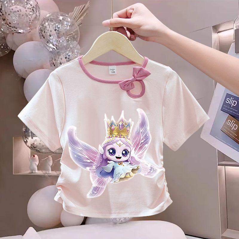 Girls' Cute Bowtie Top for Summer Children's Fashionable Round-neck Short-sleeved Pure Cotton T-shirt