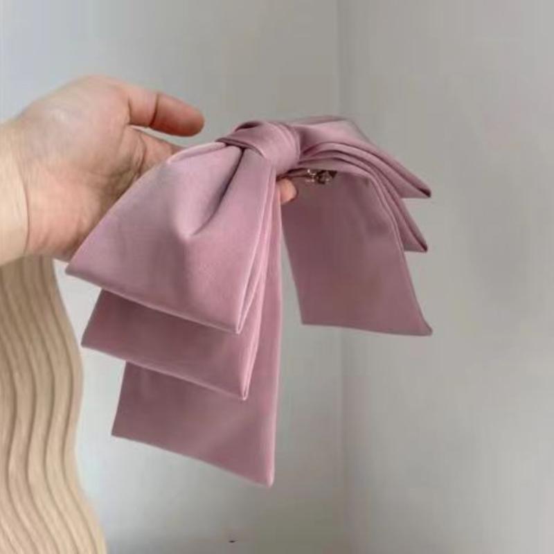 Korean-Style Satin Three-Layer Oversized Bow Hairpin with Ribbons, Perfect for Bun Hairstyles, Popular Hair Accessory with a Spring Clip