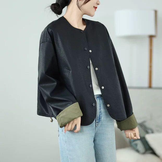 2025 Reversible PU Leather Batwing Sleeve Jacket for Women - Spring & Autumn Round Neck