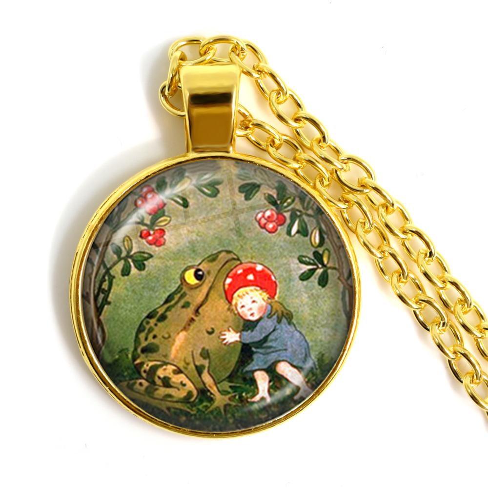 Handmade Vintage Frog Fairy Pendant Necklace Glass Cabochon Fashion Women Charm Jewelry Necklaces and Chains Female