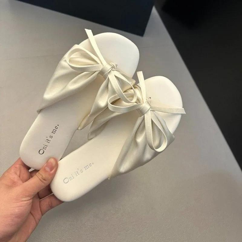Summer New Women's Shoes 2024 Fashionable Women's Flat Shoes Solid Color Daily Style Cloth Bow Decorated Women's Slippers