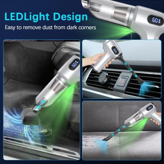 Car Vacuum Cleaner Three-in-One Blower Suction and Inflator with Adjustable Suction Levels Portable Wireless Vacuum with Green Light for Home Car