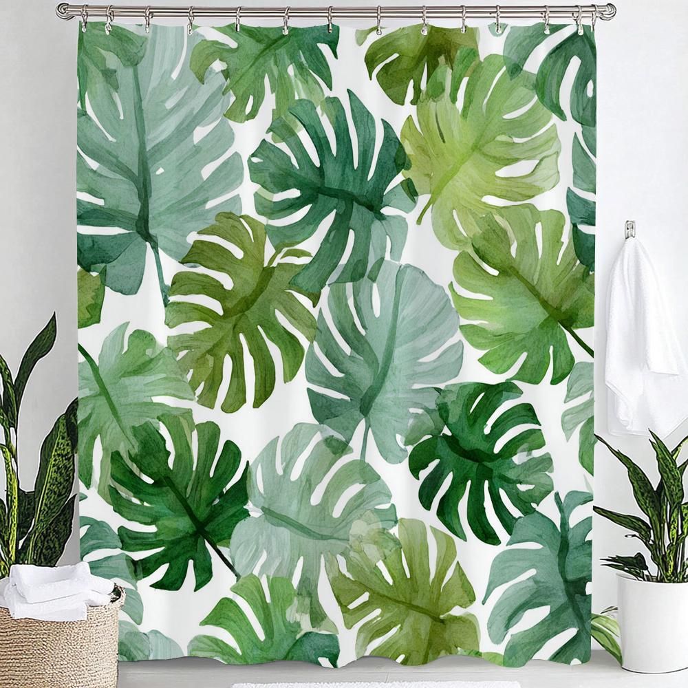 Smaragdgrüner Blatt-Duschvorhang, Moderner Abstrakter Palmenblatt-Tropischer Monstera-Badezimmervorhang Heimdekoration Mit Haken
