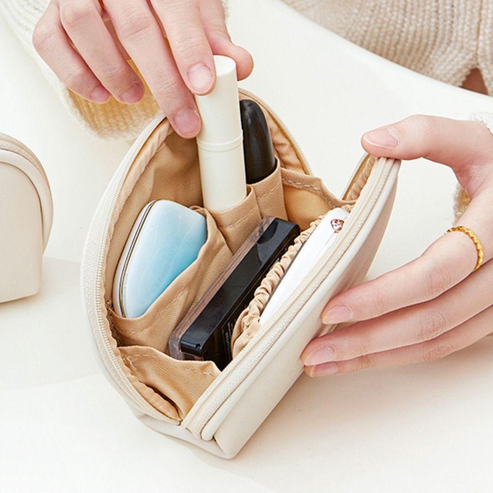 Portable Makeup Bag PU Leather Solid Color Cosmetic Bag Shell Shaped Waterproof Lipstick Pouch Cosmetics Toiletries Storage