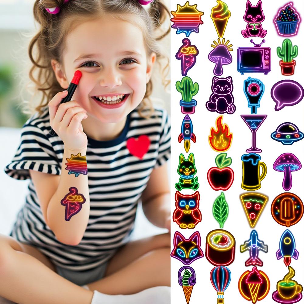 63 Stück Neon Home Party Temporäre Tattoos Cartoon Wasserdichte Körperkunst Arm Tattoo Aufkleber Einweg Fake Tattoos für Frauen Männer