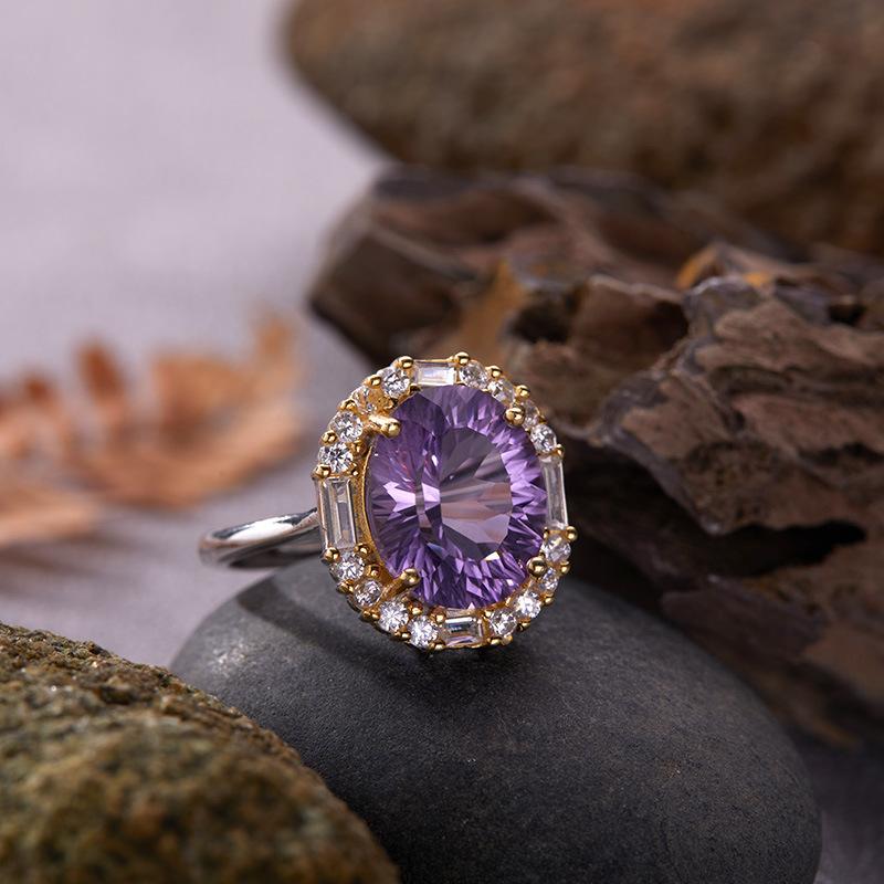 Non-Fading High-End S925 Sterling Silver 18K Gold Natural Amethyst Lucky Treasure Ring Women'S Simple Jewelry