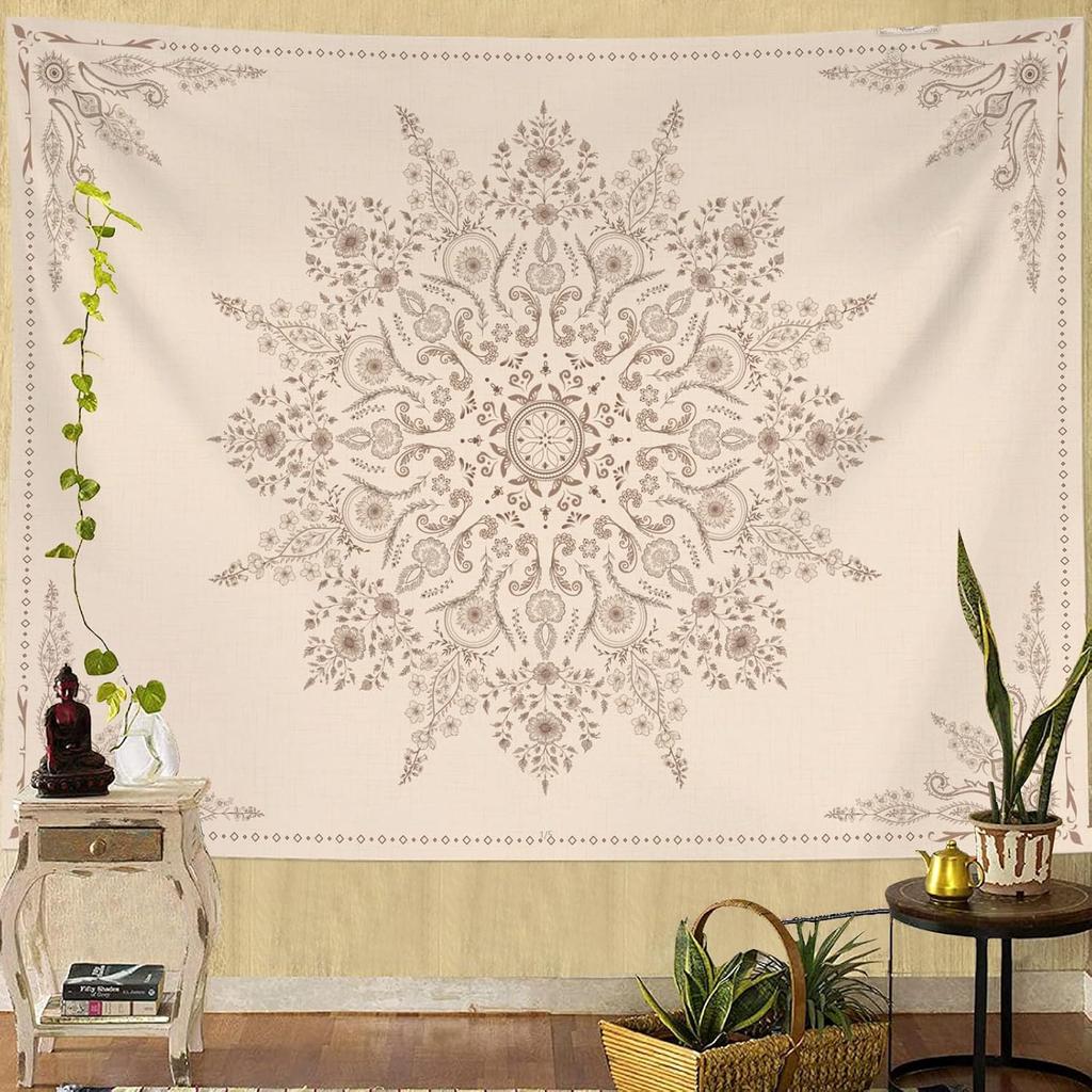 Bohemian Tapestry Wall Hanging, Beige Pink Floral Tapestry with Wild Flower Medallion Print Bedroom Boho Home Decor, Whit