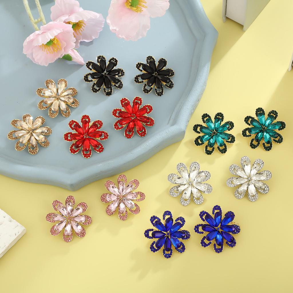 Luxury Sparkling Rhinestone Flower Earrings For Women Exaggerated Fashion Wedding Party Bride Jewelry