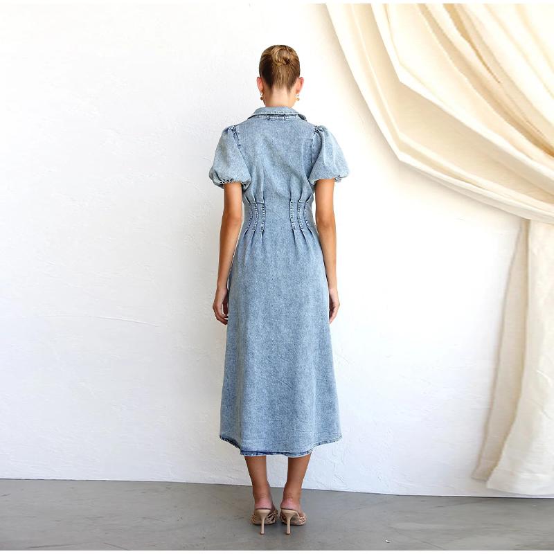 2025 Spring and Summer Puff Sleeve Short-sleeved Distressed Casual Style Shirt Denim Long Dress Single-breasted Waist Denim Long Skirt Retro