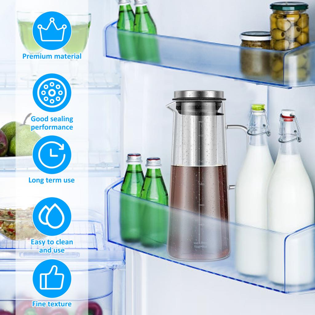 Coffee Pitcher Airtight Cold Brew Iced Coffee Maker and Tea Infuser 1400ml Glass Carafe with Removable Stainless Steel Filter