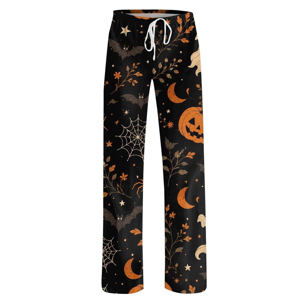 Women's Halloween Print Elastic Waist Drawstring Pajama Pants for Casual and Sleepwear