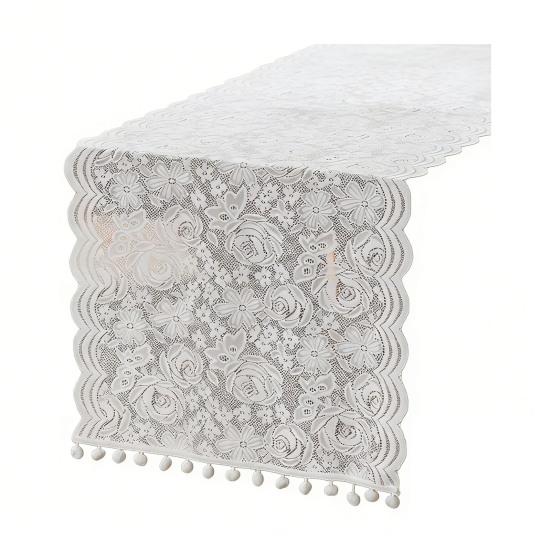 French Lace Table Runner Hollow Tassel Fringe Placemat Elegant Decorative Tablecloth Romantic Wedding Party Dining Table Dresser Buffet Decor
