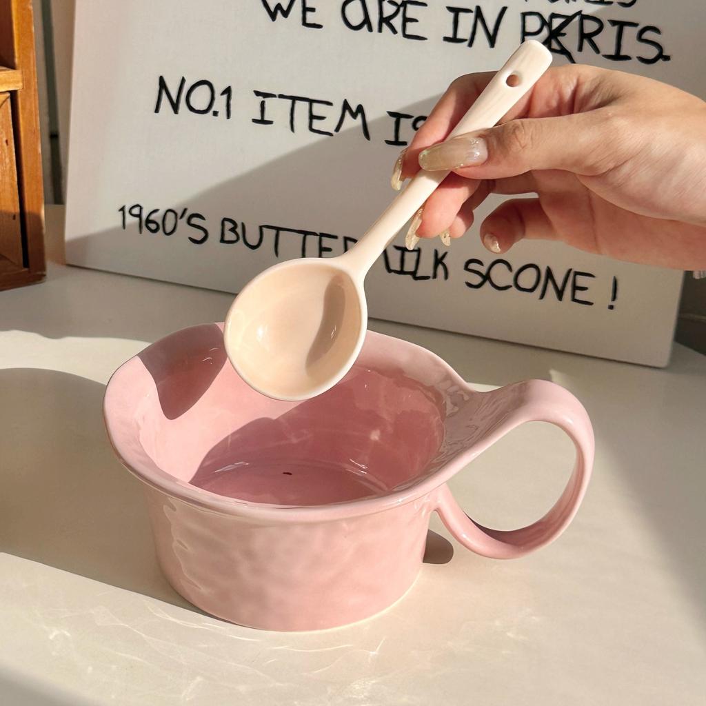 Ins Cream Wind Ceramic Mug Qu Handle Cup Large Capacity Breakfast Cup Oatmeal Bowl with Spoon Girls' Souvenir