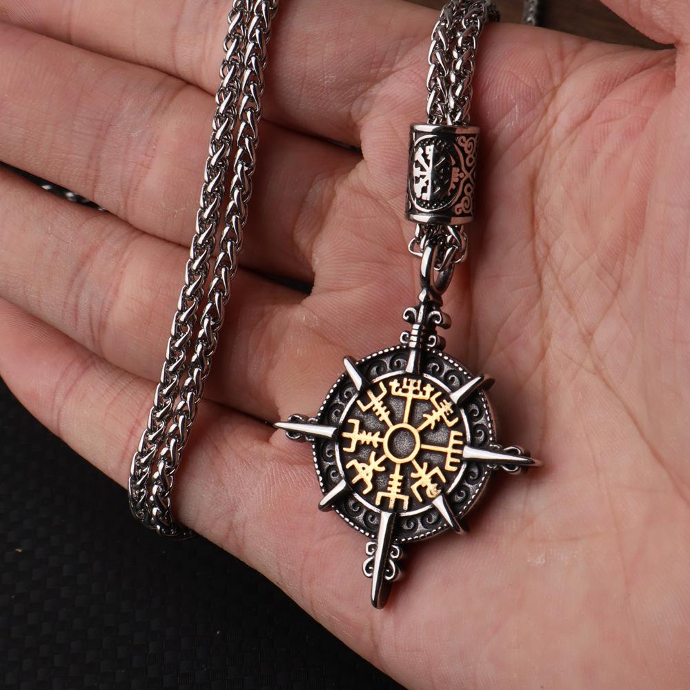 European and American Men's Viking Compass Rune Titanium Steel Pendant Fashion Domineering Stainless Steel Pendant Necklace Jewelry Accessories