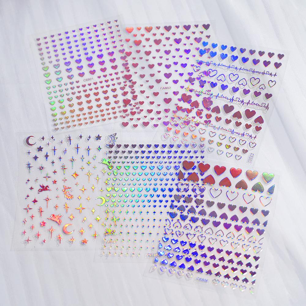 6Sheet/Kit Holographic Rainbow Love Heart Nail Sticker 3D Laser Heart Nail Decal Self-Adhesive Love Heart Manicure Slider &*&
