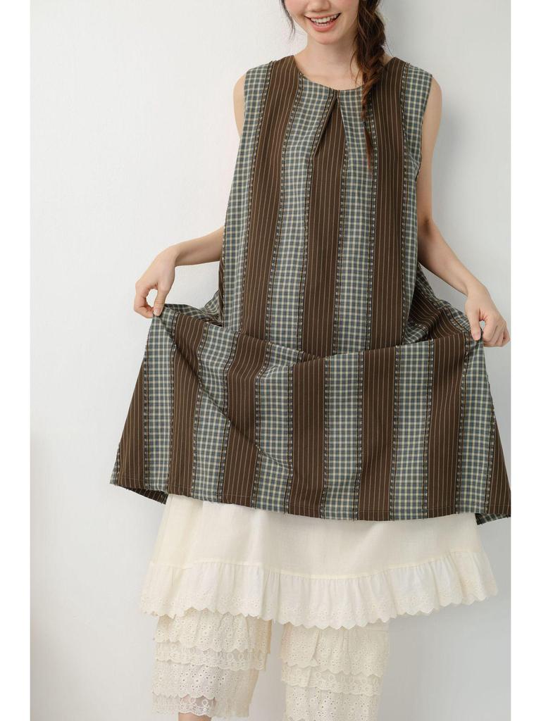 Spring-Summer Retro Jacquard Plaid Stripe Double-Layered Loose Sleeveless Vest Dress