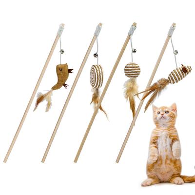 4-Piece Cat Toy Set Natural Feather Toy and Solid Wood Cat Toy with Bell. Ideal for Indoor Sports. Cat Toys Help Your Cat Relieve Stress and