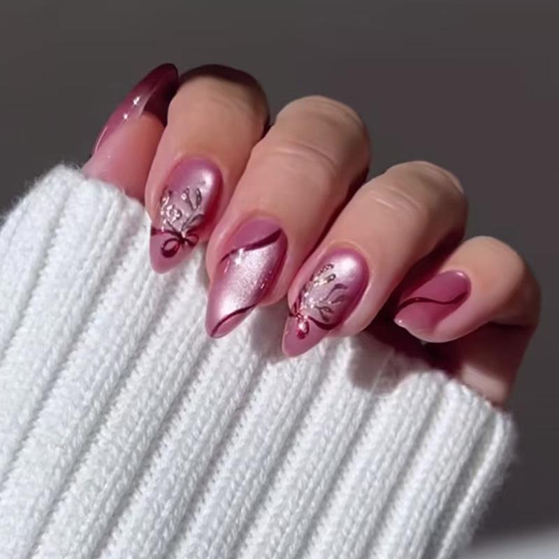 Sanfter violetter Glitzer-Bogen Katzenauge Ins-Stil abnehmbare Maniküre 24 Stück Press-On-Nägel