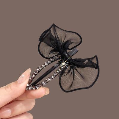 1 pz clip a becco d'anatra con fiocco in rete di alta qualità, alla moda, clip per capelli con cristalli, clip nera elegante per frangia, forcina laterale