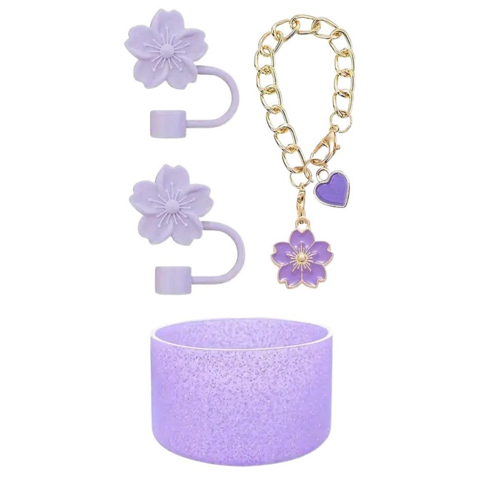 

4 шт./набор Крышка для чашки с соломинкой «Цветы вишни», Нескользящая цепочка-шарм для чашки, Аксессуары для чашки фиолетовый