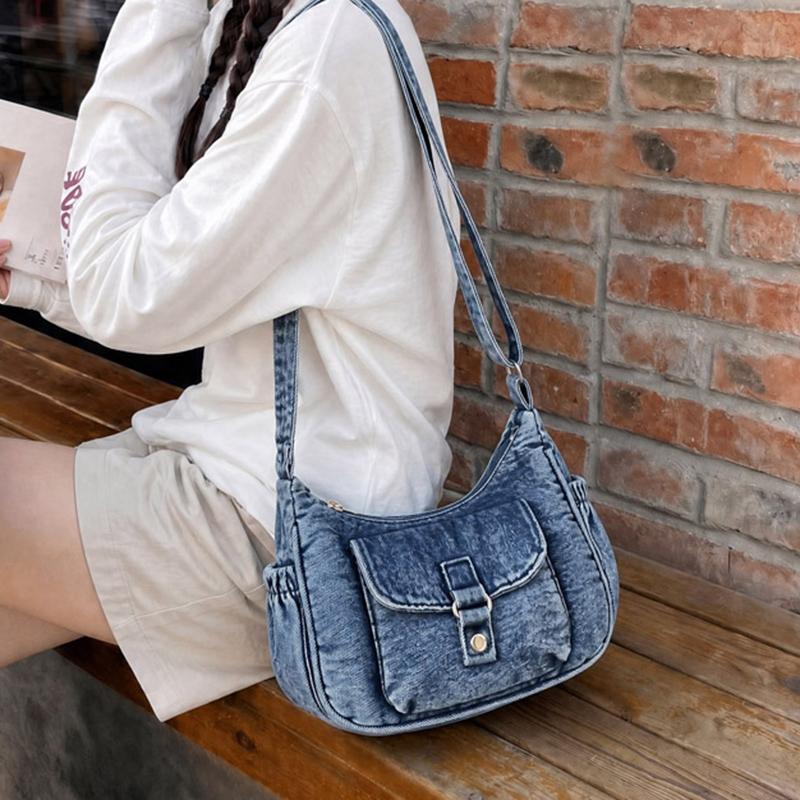 Borsa a tracolla in denim da donna, alla moda, per tutti i giorni, con tasca frontale, stile casual, borsa a mano