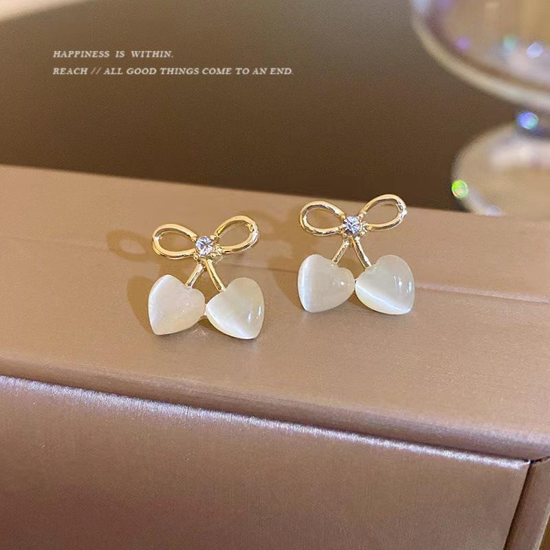 Exquisite Bow Heart & Cherry Stud Earrings - Elegant, Fashionable, Light Luxury Design
