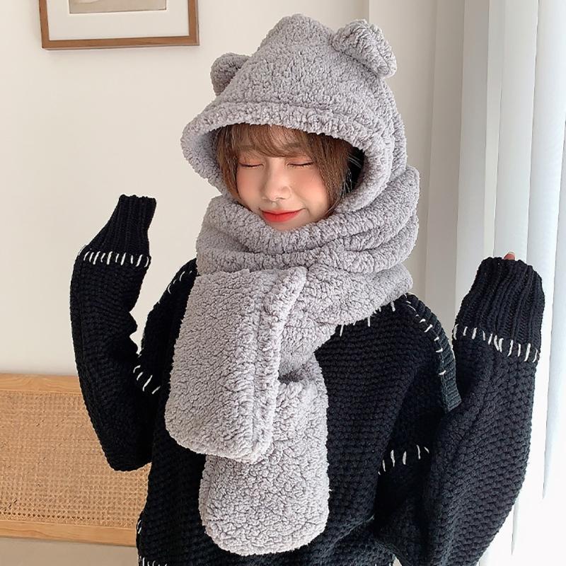 Trendy Women Plush Hats Gloves Scarf 3in1 Suit Cartoon Bear Ear Shape Warmth Hats Hat Adults Winter Hat for Teenagers