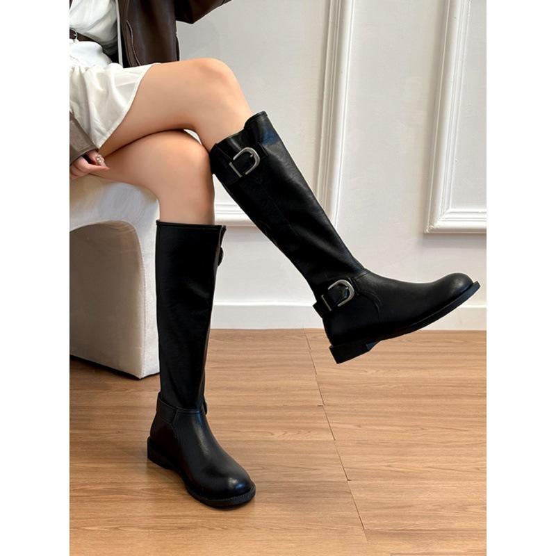 2026 Thick Bottom British Style Belt Buckle Mid Barrel Knight Women's Retro Round Head Long Boots