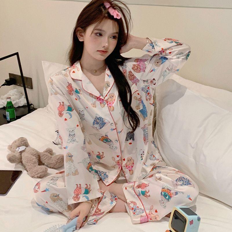 Silk Pajamas Women's Long Sleeve Tops Long Pants Silk Pajamas Two-piece Set Home Clothes Printed Korean Kawaii Clothes Pajamas