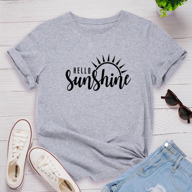 

Привет Солнышко Принт Женская Футболка с Коротким Рукавом Круглый Вырез Свободная Женская Футболка Женская Футболка Топы Одежда Camisetas Mujer XXXL светло-серый