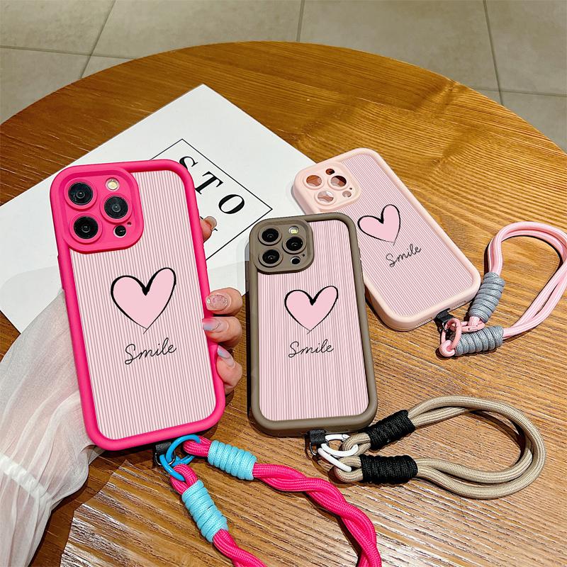 Fashion Smile Pink Love Heart Soft Lanyard Rope Phone Case For iPhone 15 14 13 12 11 16 Pro Max X XS XR 7 Plus Shockproof Cover