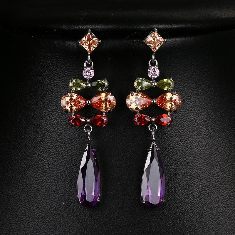Colorful Cubic Zirconia Long Drop Earrings, Luxury Geometric Crystal Earrings, Elegant Evening Party Jewelry Gift