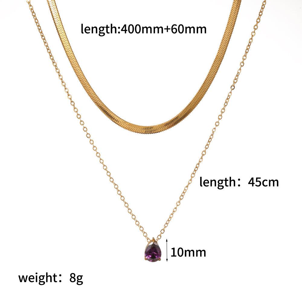 Trendy Fashion Color Zircon 18K Gold Plated Stainless Steel Water Drop Birthstone Pendant Stacked Collarbone Necklace for Women