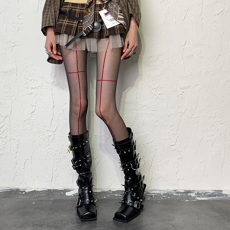 Y2K Fashion Gothic Cross Line Sexy Pantyhose Women Fishnet Ins Hot Girls Jk Tights High Elastic Stockings Leggings Mesh Tights