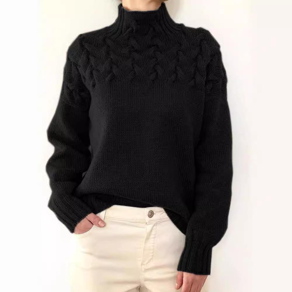 Damen Pullover mit Zopfmuster, hohem Kragen und langen Ärmeln