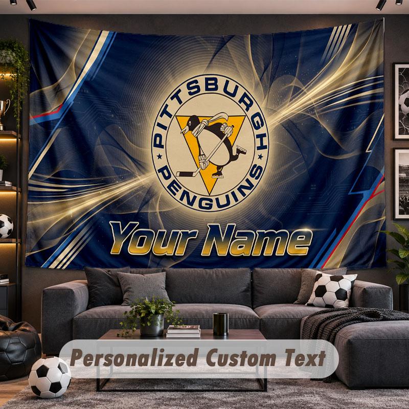 Wall Hanging Tapestry Custom NamePittsburgh Penguins Pattern Personalized Printed Fabric Wall Decor