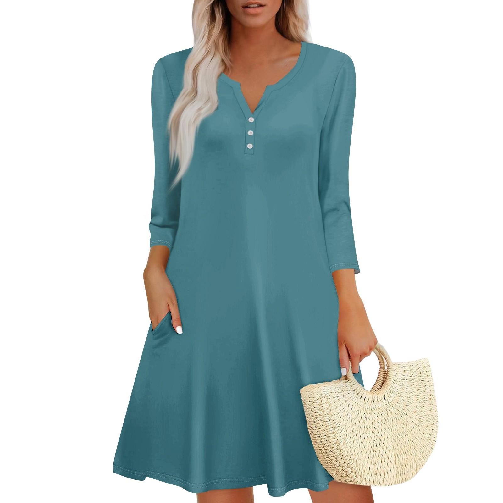 

Women s Summer Dress Loose V Neck Three-quarter Sleeve Sundress With Pockets Dress XL