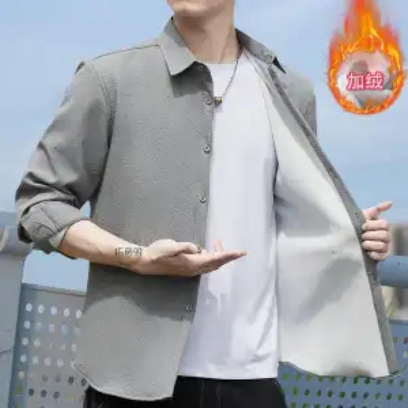 

New Long-sleeved Velvet Thickened Warm Shirt Men s Solid Color Trendy Casual Shirt M серый