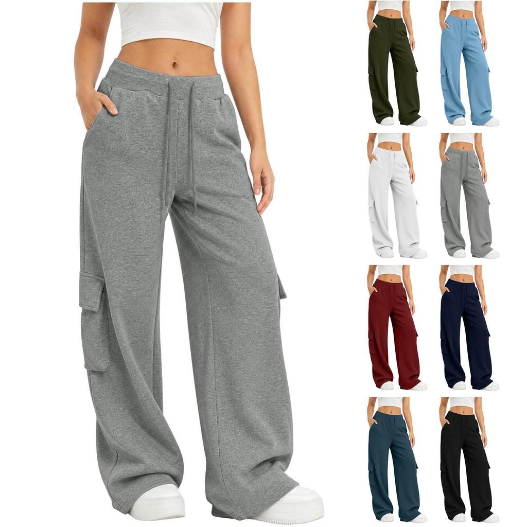 Women Casual Wide Leg Sweatpants with Pockets Drawstring Waistband Loose Fit Cargo Style Lounge Pants for Everyday Wear