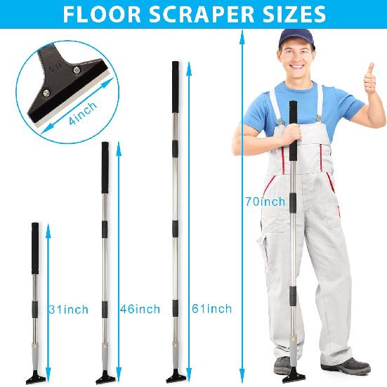 Floor Scraper, 31" to 61" Scraper Tool Long Handle with 4-inch Razor Blade Stainless Steel Material Adjustable Cleaning Glass Wall Gum Paint Tile