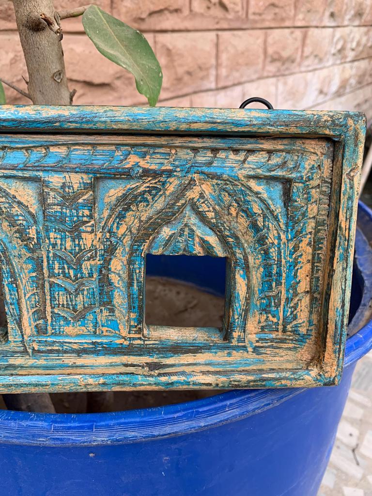 Carved Wood Jharokha Frame: Rustic Indian Wall Decor, Antique Style