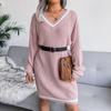 Women Fall Winter V Neck Long Sleeve Solid Color Sweater All Match Knit Dresses