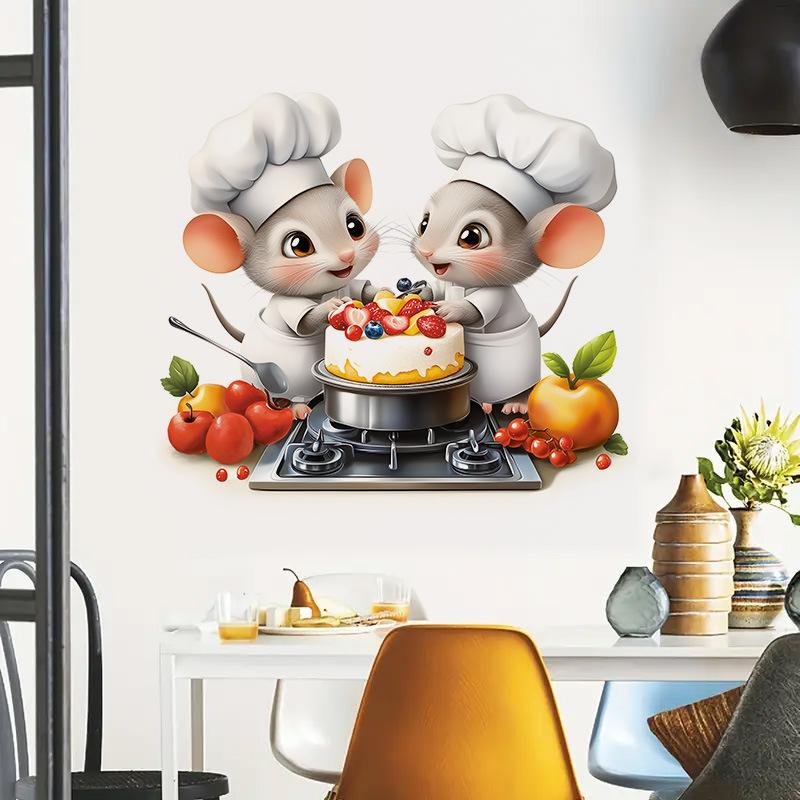 Topo Carino Cartone Animato con Torta Adesivo Murale per Cucina Sala da Pranzo Autoadesivo Rimovibile Impermeabile Decorazione Murale per la Casa Arte