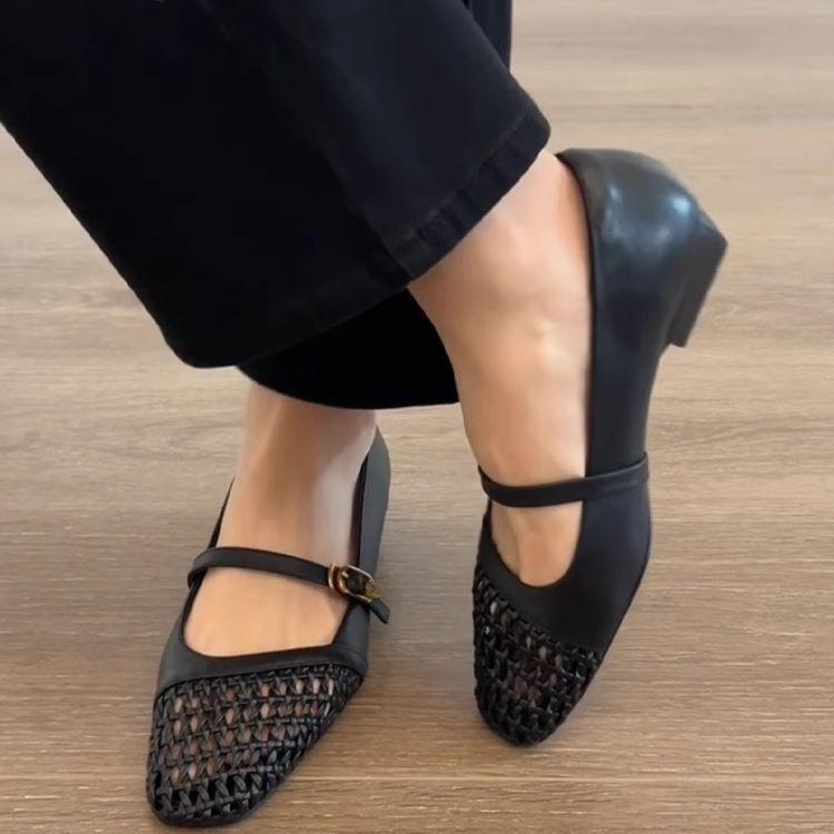 2025 new French woven hollow square head Mary Jane shoes women's word with thick heel soft sole commuting versatile single shoes